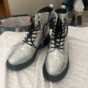 Worn only once - silver lace up boots